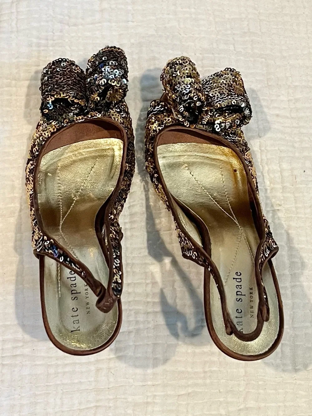 Kate Spade New York Gold Brown Sequin Bow Carly High Heels Open Toe Shoes 6